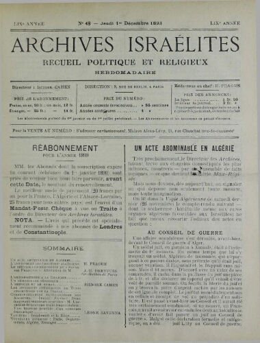 Archives israélites de France. Vol.59 N°48 (01 déc. 1898)